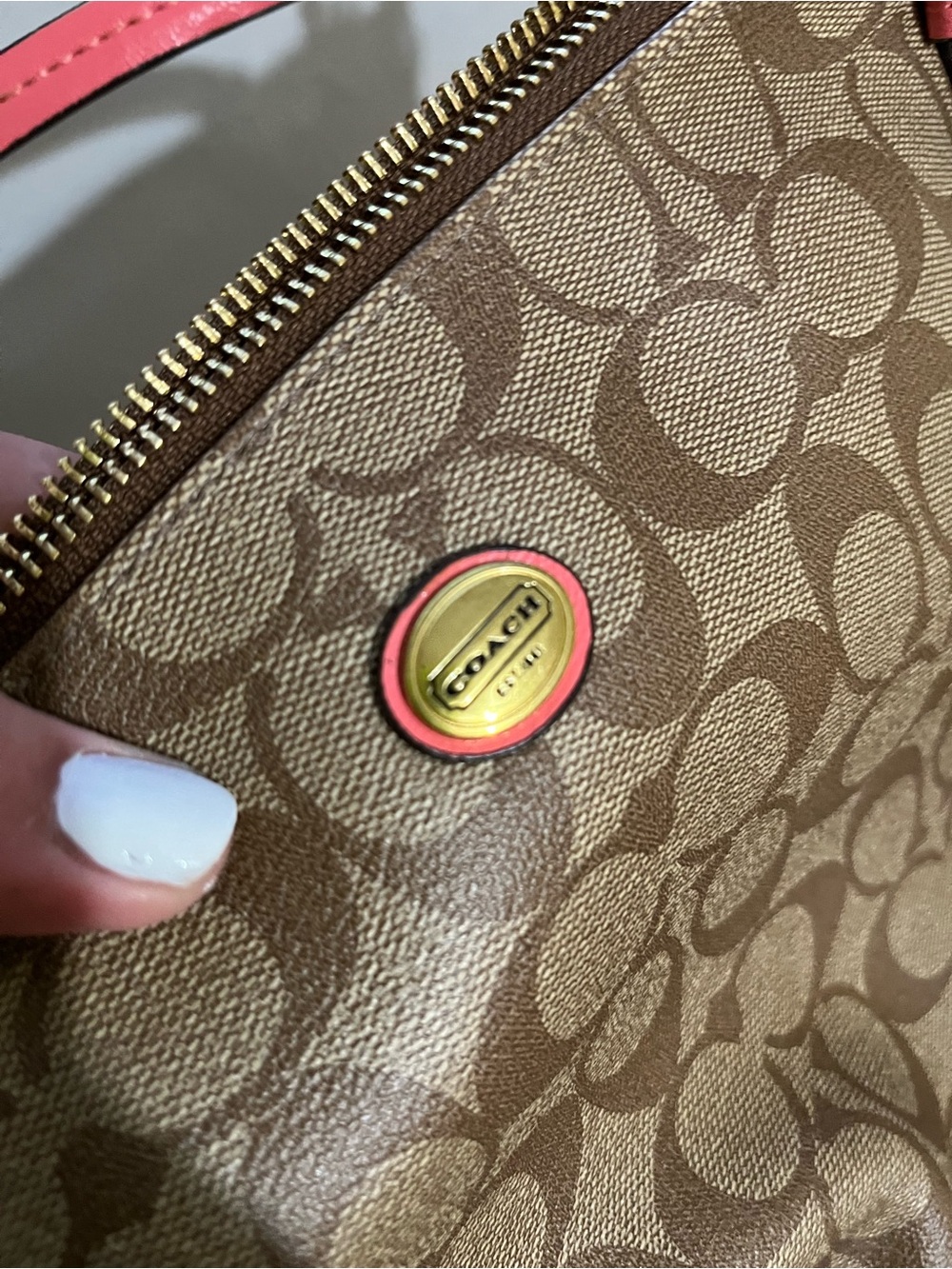 Pink vintage monogram Coach Brown Signature Canvas Tote with Coral Trim - Picture 3 of 10